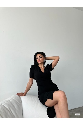 Soonaksesuar Kadın Kruvaze Yaka Yandan Yırtmaç Detaylı Scuba Krep Kumaş Midi Boy Elbise Siyah