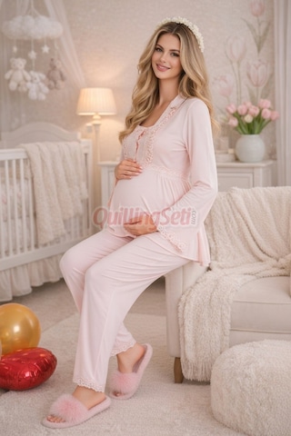 Quilling Bebe Pembe Renkli Dantel Detaylı, 33205 Uzun Kol, 2 Parça Lohusa Hamile Pijama Takımı Açık Pembe