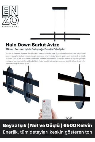 Halo Füme Lineer Led Sarkıt Avize Kumandalı Dim Edilebilir - Aşağı Işık Sarı Işık