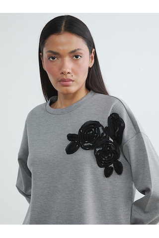 Lcwaıkıkı Classic Antrasit Çiçek Aplikeli Oversize Kadın Sweatshirt Tunik