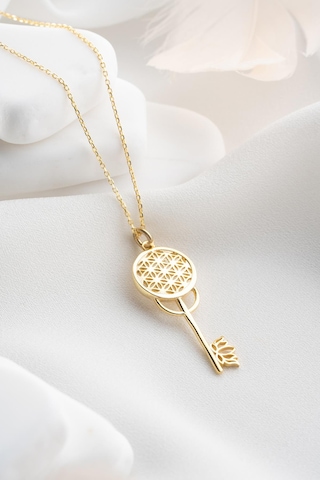 925 Ayar Gümüş Gold Kaplama Lotus Çiçeği Detaylı Anahtar Kolye Gold