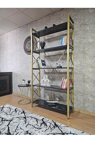 Gold Boyalı Kitaplık - 5 Raflı Suntalem Lüks Kitaplık Siyah Merme Çok Renkli
