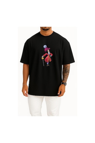 Bahriyeli Collection Oversize Captain Hook Digital İllustration, Captain Hook Peter Pan Göğüs Tasarımlı Unisex T-shirt SIYAH