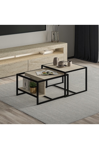 Batı 2 Li Modern Orta Sehpa Takımı Metal Ayaklı, Alt Raflı Traverten