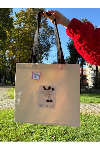 Bolergıashop Coffee Tasarım Canvas Omuz Çantası Bej Punch İşleme