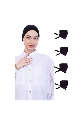 Kadın Tesettür Bone Bağcıklı Dikişsiz Penye 4 Parça Set Siyah