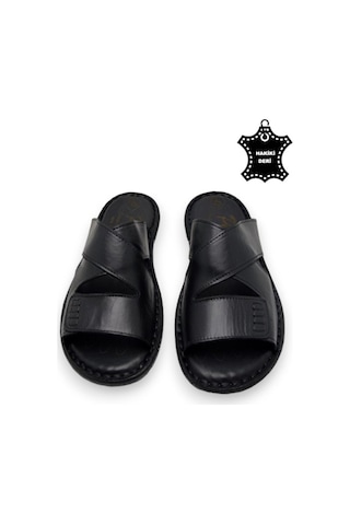 Tamamen Hakiki Deri Ve Topuk Yastıklı Sistemli Ortopedik Erkek Terlik Siyah Çırtlı Siyah