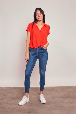 Likrasız Şık Kumaş Yakalı Düşük Omuzlu Önü Pileli Gömlek-oranj Oranj