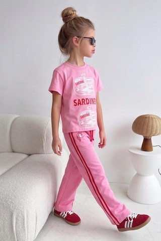 Monila Kız Çocuk Pamuklu Pembe Baskılı T-shirt Ve Eşofman Alt Üst Takım