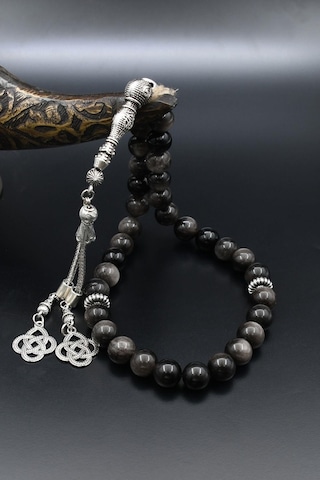 Doğal Obsidyen Taşlı 33'lük Tesbih Metal Püsküllü 10mm Küre Kesim 902513