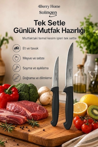 Solingen 2 Li Paslanmaz Çelik Mutfak Bıçağı Seti Et, Meyve Ve Sebze Bıçağı Siyah