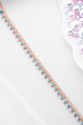 925 Ayar Gümüş Rose Kaplama Gurmet Zincirli Turkuaz Taşlı Halhal Rose Gold