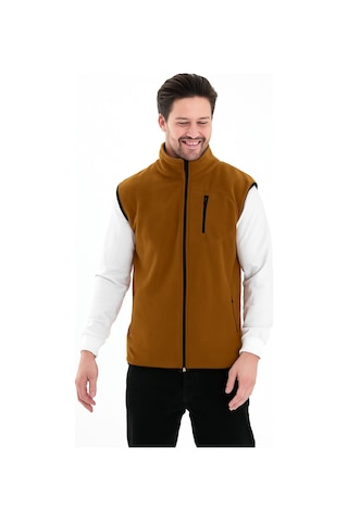 Erkek Tam Fermuarlı Spor Polar Yelek Camel