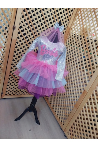 Uzun Kollu Barbie Elbise Rengarenk Pembe Gri