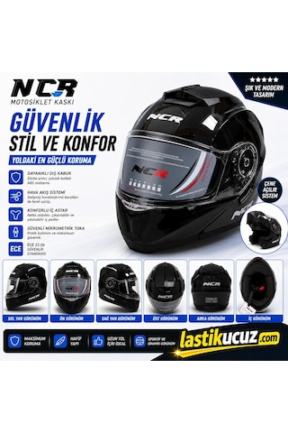 Ncr-160e Çene Açılır Gözlüklü E-ce Belgeli Kask Parlak Siyah