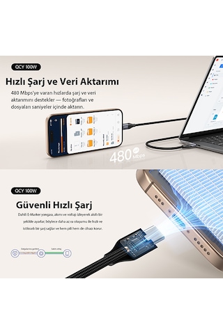100w Type-c Şarj Kablosu 1.2 Metre Halat Örgü 480mbps Kırılmaz Bükülmez Data Kablosu Dc22 Siyah