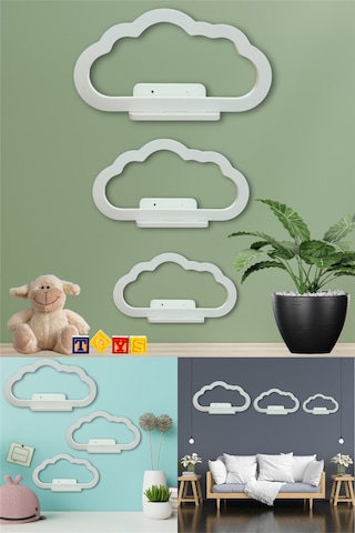 3lü Uçan Bulut Dekoratif Beyaz Ahşap Duvar Rafı Çocuk Odası Salon Mutfak Duvar Dekor Raf Seti Diğer