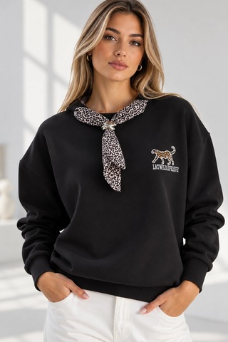 Mevese Bisiklet Yaka Nakışlı Kadın Sweatshirt - Üç İplik Şardonlu Oversize Şık Tasarım - Siyah