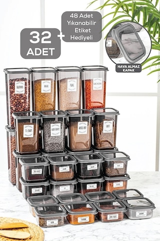 Meleni Home 32'li Etiketli Kapaklı Kare Erzak Saklama Kabı Seti 8x 0,3 Lt-0,5 Lt-1,1 Lt-1,7 Lt Baharatlık