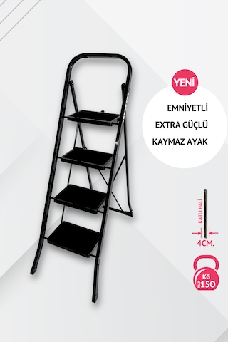 4 Basamaklı Siyah Çelik Merdiven - Ekstra Güçlü Gövde - Kalın Profil