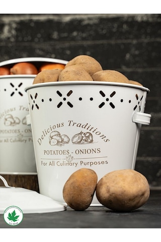 Lüx Metal Patates Soğanlık Kovası Sebze Saklama Kabı Beyaz