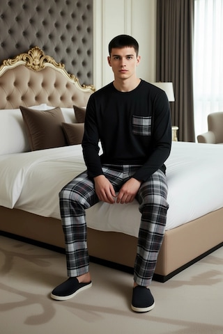 Frm Erkek Flanel Ekose Desenli Pijama Takımı Fonksiyonel Dayanıklı Ka Siyah