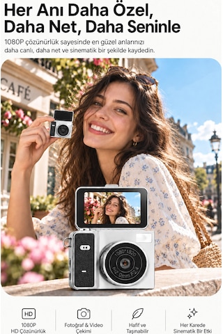 Mimtec Blm-109 Retro Mini Dijital Kamera 1080p Hd Katlanabilir Ekran Flaşlı Selfie Vlog Video Kamerası Siyah