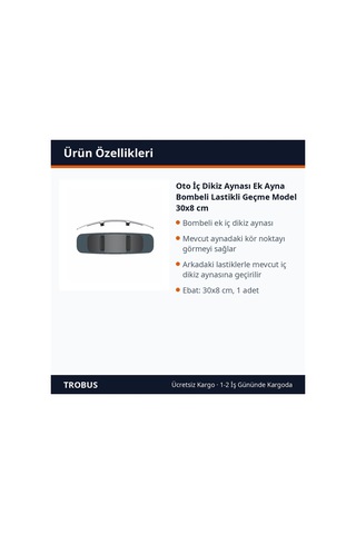 Trobus Oto İç Dikiz Aynası Ek Ayna Bombeli Lastikli Geçme Model 30x8 Cm