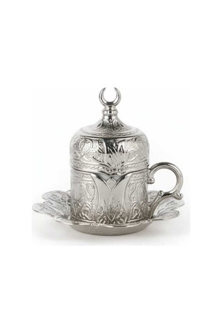 Türk Kahvesi Fincan Takımı Lale Desenli 6 Parça Metal Gümüş Lalezar Model