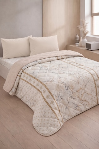 Formeya Kapitoneli Çift Kişilik Desenli Pike - Yatak Örtüsü Takımı 200x230 Cm - 2 Adet Yastık Kılıflı Bej