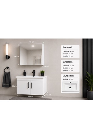 Modern Luna 65 cm Beyaz MDF Banyo Dolabı Takımı Aynalı Üst Modül ve Seramik Lavabolu
