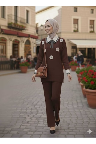 Sayzen Your Shine Gömlek Yaka Broşlu Alt-üst 2'li Triko Takim Sdnz-2501 Kahverengi