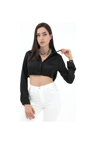 Beli Lastikli Saten Gömlek - Siyah-siyah Siyah