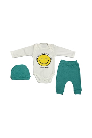 Babysena Happy Baskılı Unisex Bebek Bodyli 3 Lü Takım Turkuaz
