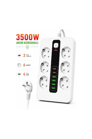 6'lı Priz Çoklayıcı 4 Usb + 2 Type-c Hızlı Şarjlı Anahtarlı Priz 3500w 2 Metre Kablo 2 - 5 M