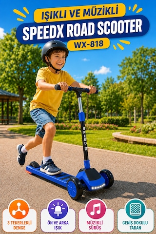 Mavi Işıklı Müzikli Speedx Road Scooter Wx-818 3 Tekerlekli Çocuk Scooterı Geniş Dokulu Taban