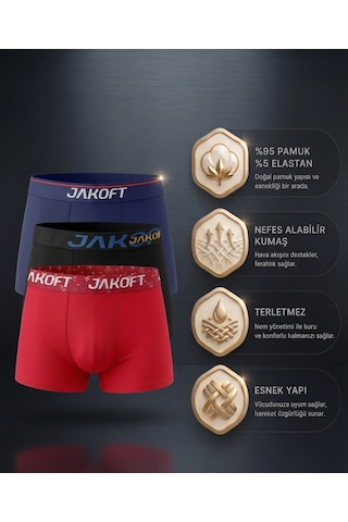 Jakoft Classic Pamuklu Erkek Boxer 3'lü Paket Kırmızı - Siyah - Lacivert