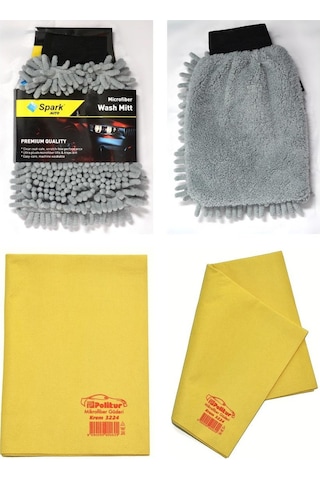 Spark 7050 Şönil Oto Temizlik Eldiveni & Polikur 3224 Mikrofiber Güderi Oto Kurulama Bezi 2'li Set