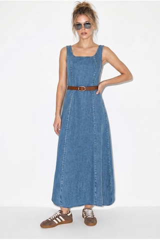Shade Kadın Geniş Yaka Askılı Kemerli Kloş Denim Elbise 6084 60286108 - Mavi