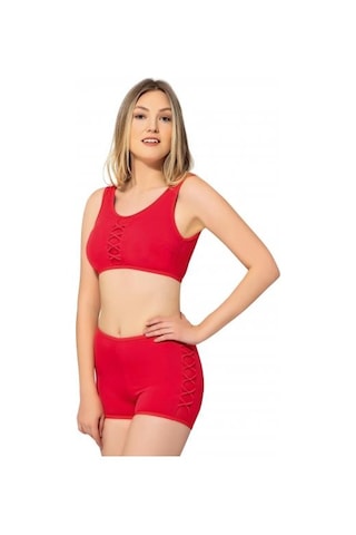 Markahit Argisa Tüllü Detaylı Şortlu Bikini Kırmızı