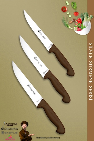 Sürmene Silver Serisi Kahve Sap Mutfak Bıçak Seti Et Ekmek Sebze Meyve Kesme Bıçağı 3 Lü Srm-029 Kahverengi