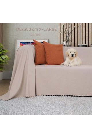 Kaymaz Koltuk Örtüsü Çift Taraflı Mikrofiber Şönil 175x350 Cm Xl- Camel Kedi Köpek Ve Çocuk Dostu Camel