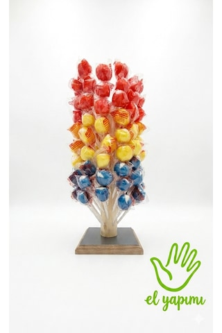 Honey Candy Balcı Şekerleme Top Şeker El Yapımı 100 Adet Ahşap Stant Hediyeli Mavi Kırmızı Sarı Tutti Frutti Çilek Muz Aromalı Lolipop Şeker