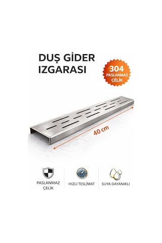 40 Cm Lineer Duş Gider Izgarası 304 Paslanmaz Çelik 5 Cm Genişlik Üst Kanal Izgarası