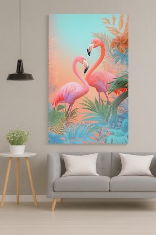 Tropikal Flamingo Desenli Çerçevesiz Cam Tablo Modern Salon Ve Ofis Dekorasyonu