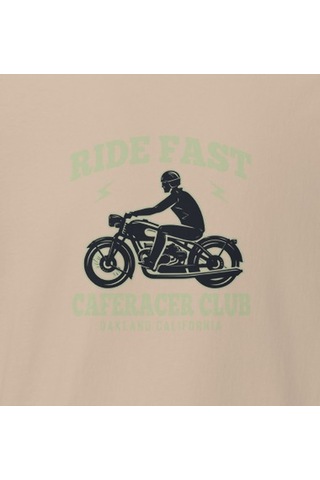 Wildstyle Ride Fast Caferacer Club Motosiklet Vintage Cafe Baskılı Unisex Bisiklet Yaka Pamuklu Tişört - Camel