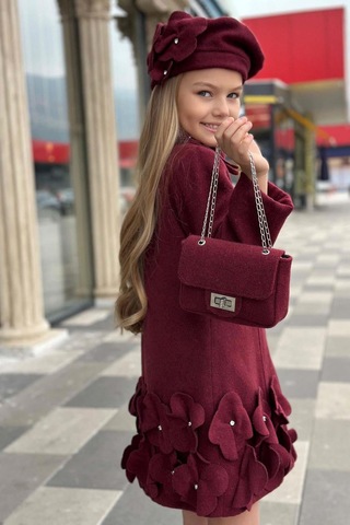 Riccotarz Kız Çocuk Yakası Taş Ve Yonca Detaylı Çıtçıt Düğmeli Bordo Kaşe Bordo