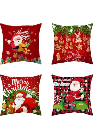 Hombey Noel Serisi Koltuk Yastık Kılıfı 4'lü Set, 44x44cm, Tek Yüzlü Kısa Tüy, Dijital Baskı, Gizli Fermuar, Ev Dekorasyonu Hediyesi Diğer