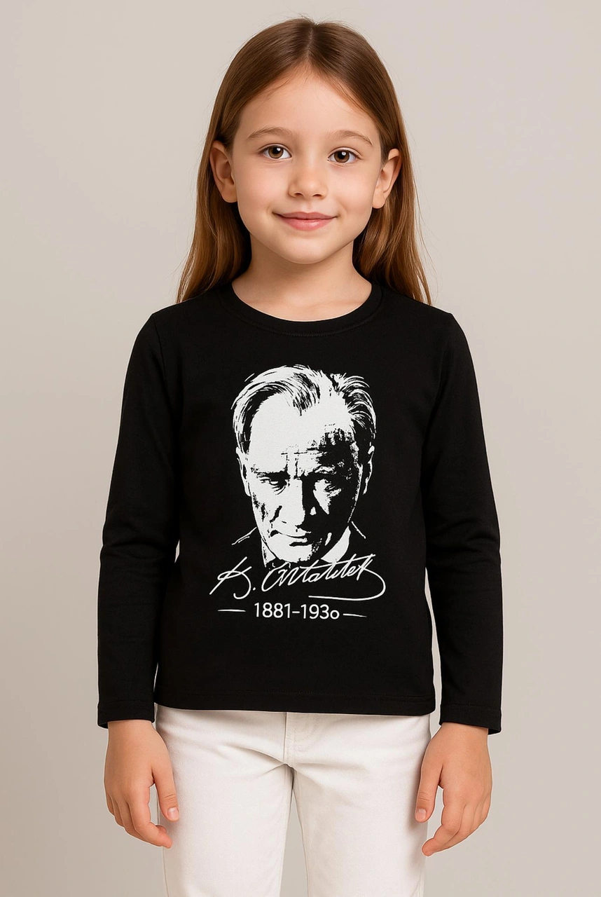 Gala Atatürk Baskılı Uzunkol Ünisex Çocuk Tişört Siyah