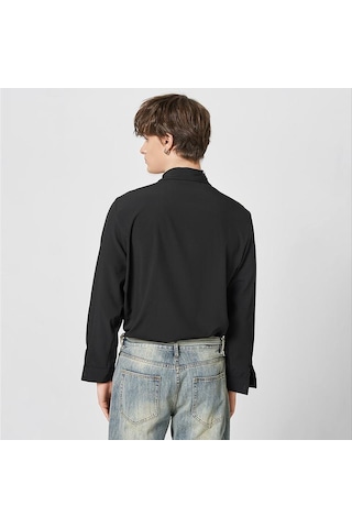 İncerun Bahar Erkek Püskül Baskılı Uzun Kollu Gömlek Salaş Siyah